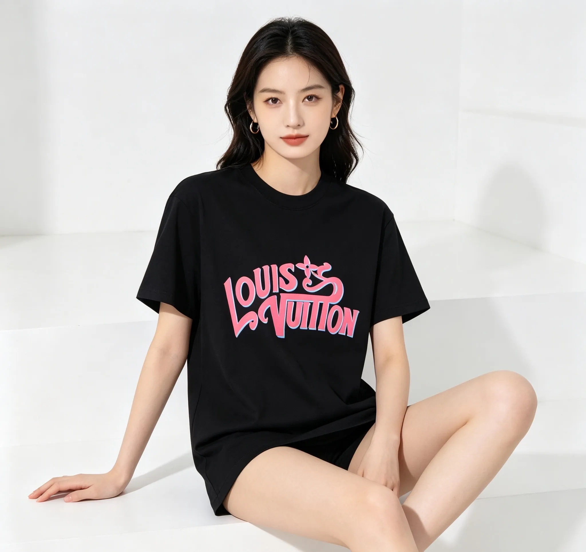 Louis Vuitton/Louis Vuitton pink graffiti 3D letter short sleeves